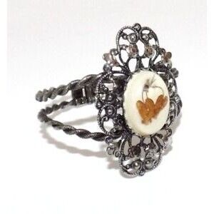 Vintage Dried Flowers Infused Lucite Filigree Clamper Bracelet Silver tone